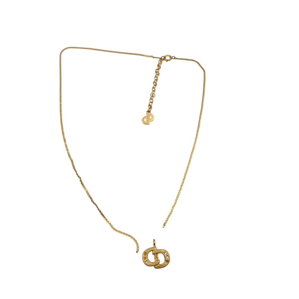 Christian Dior Vintage CD Logo Rhinestone Pendant Necklace Gold Tone Broken